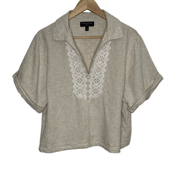 Banana Republic Tops - Banana Republic Womens Linen Blend Embroidered Top Large Beige White Neutral